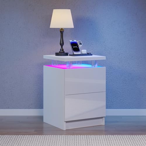 Nordivale Beside Table with RGB LED Lights Bedside Cabinet with 2 Drawers Bed Side Table for Bedroom Living Room White 1 Pack