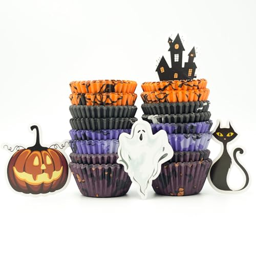 Halloween Cupcake Toppers Liners Wrapper Mini, BakeChoice Cupcake Liners 400 Pcs Mini Paper Muffin Cups, Cup Cake Paper Cup, Food Grade Paper, Greaseproof Parchment Muffin Liners Pumpkin Ghost Witch