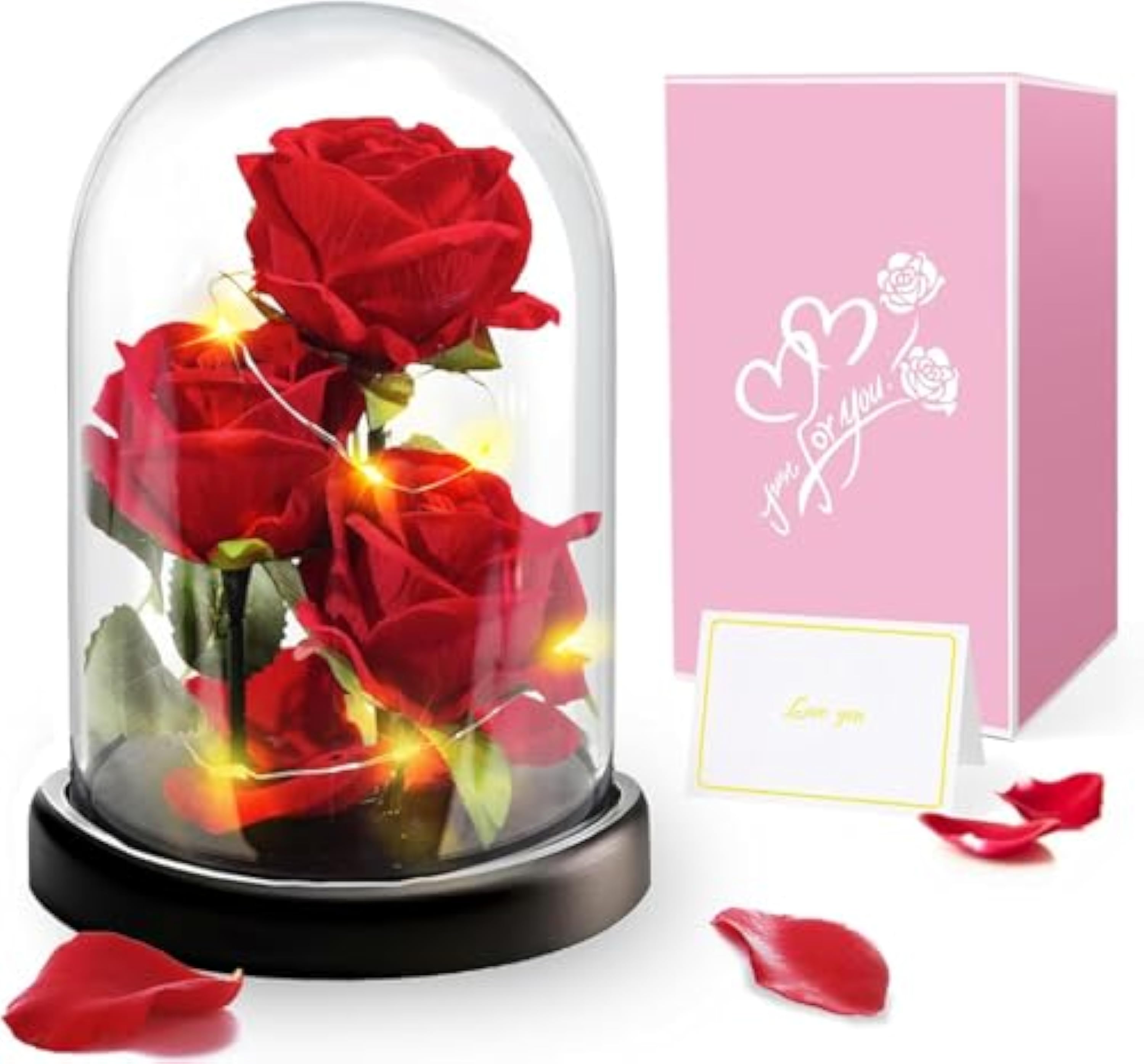 Touloube Rosa Eterna Regalo de San Valentín para Ella, Rosa Sant Jordi Roja con Base y Tarjeta de Felicitación, Regalo de Flor de Rosa en una Cúpula de Cristal Regalos para Mamá,Abuela,Novia,Mujeres