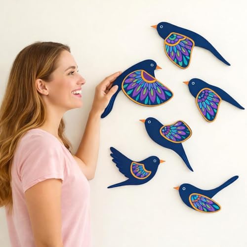Image of DAKSHESTRY ARTWORKS Colorful Bird Wall Art Set | Premium MDF 3D Wall Decor | Easy Stick, Strong & Durable | Modern Home Decor Set of 6 Wooden Flying Birds