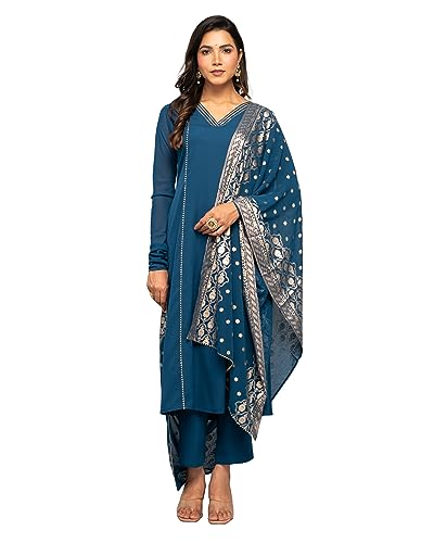 Image of FIORRA Women's Teal Blue Crepe A-line Kurta with Pant and Dupatta