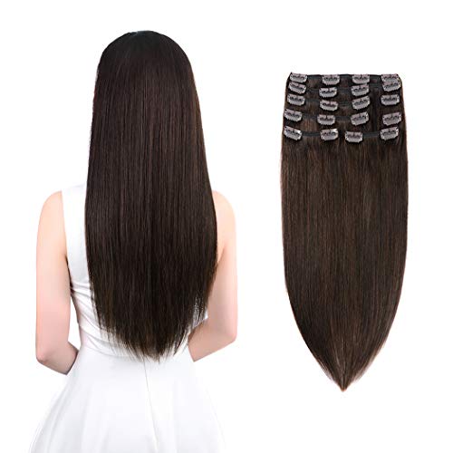 Winsky Clip in Remy Human Hair Extensions 130g 8pcs 20clips Full Head Soft Straight Thick Hair Clip in Extensions for Women (14inch, Dark Brown #2 Color)