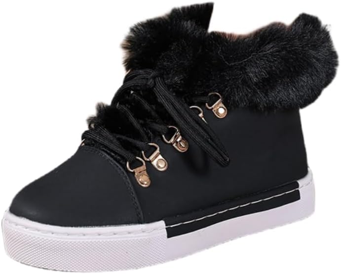 Winter Women's Snow Boots Short Barrel, Solid Leather Lace Up Short Boots Warm Plush Flat Snow Boots for Cold Weather