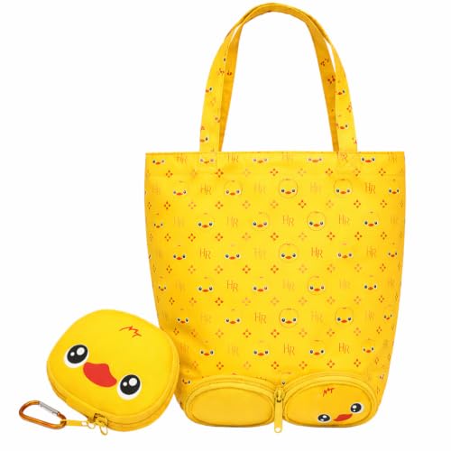 Image of FunBlast Foldable Shopping Bag - Cartoon Design Carry Bag with Zipper Pouch, Foldable Tote Bag for Girls & Women, Multipurpose Reusable Pouch Bags, Lightweight Travel Handbag with Handle Strap (Duck)