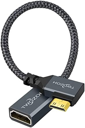 Twozoh 90° kąt lewy mini HDMI męski na HDMI żeński kabel 0,2M, kątowy mini HDMI na HDMI adapter kabel obsługuje 3D/4K 1080p