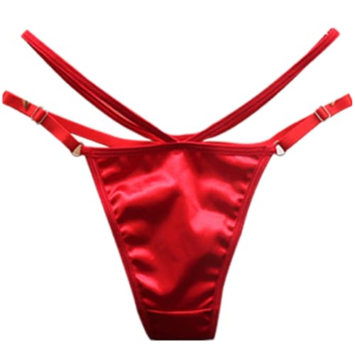 [VATEIS] Tバック ショーツ サテン レディース 女性下着 ダブルサイドストリング リボン付き ウェスト調整 ヒモパン ローライズ ランジェリー セクシー（レッド、紐調節可能）