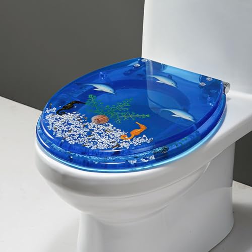 DRYFAL WC Sitz Klobrille Transparent Mit Mit Seestern- Und Muschelmuster, Toilettendeckel Mit Absenkautomatik, Klodeckel Aus Kunsthar, 3.9 Kg Schwer, Edelstahlscharniere, Abnehmbar,36 * 42Cm,Blau