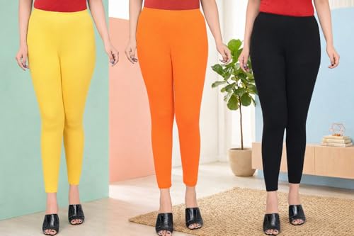 Image of Women Ankle Length Leggings Combo Multicolour Stretchable Cotton Yoga Gym Workout Pants Lyra Jeggings Casual Slim Fit