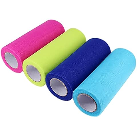 6" Wide x 25 Yards Tutu Tulle Soft Nylon Netting Graft Fabric Crafts Weddings Blue, Rose, Green, Royal Blue(Mixed Colors 4 Rolls) Cover