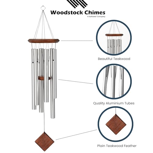 Woodstock Wind Chime for Outside Garden and Patio Decor, 27” Silver Aluminium and Teakwood Wind Chimes, Elegant Chime for Yard and Outdoor Gift - Thumbnail 3
