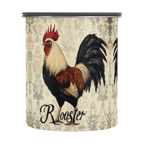 Quteprint Stainless Steel Coffee Storage Containers with Airtight Lid, Rooster Vintage 17oz Food Storage Container Kitchen Canister for Tea, Coffee Beans, Ground, Sugar Storage
