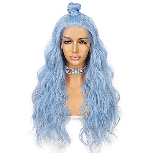 Sapphirewigs Wigs For Women Long Wavy Hair Ice Blue Wig Lace Front Wig Heat Resistant Hair Party Wig 24Inch #TOP3