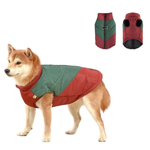 Dog Winter Warm Coat with D-Ring,Slightly Waterproof Pet Color Blocking Jacket Dog Cold Weather Clothing for Small Medium Large Dogs_L(Wine Red & Green)