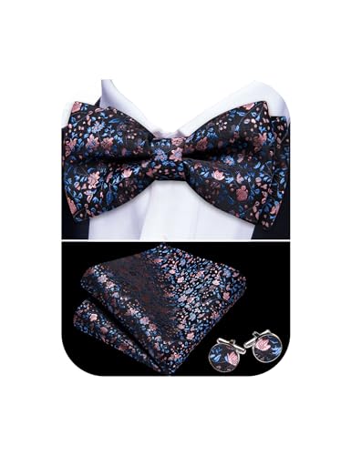 YOHOWA Mens Floral Silk Bow Tie Set Pretied Bowtie Pocket Square Cufflinks for Men Formal Party
