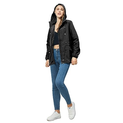 YEABEDA Women-Rain Jacket-Hood Waterproof-Lightweight Windbreak-Packable — Cute RainCoats Travel Polka Dot Ladies With Pouch (Medium, Black)