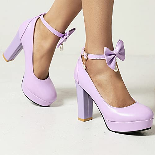 BEAUPAS Women's Platform High Heels Ankle Strap Chunky Heel Pumps Bows Buckle Cute Shoes4