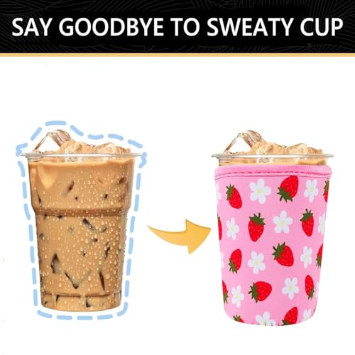 Image of YR Reusable Neoprene Insulator Sleeve for Iced Coffee Cups, 3 Pack Coffee Coolies sleeves for Iced & Hot Drinks, Cold Beverage Cooler Compatible with Starbucks Coffee and More (Strawberry)