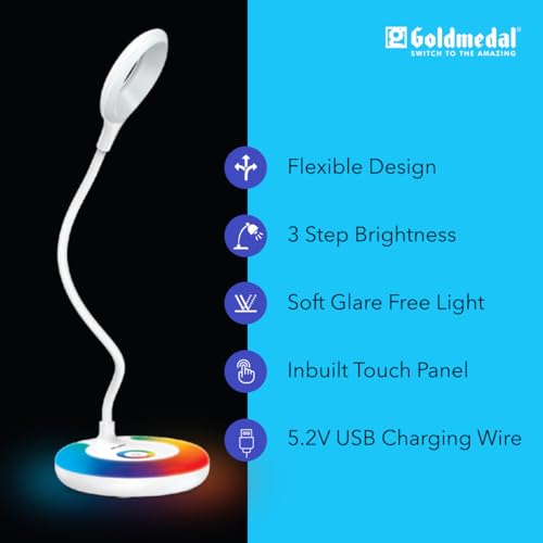 Image of Goldmedal Glow Desk 02 Portable Table Lamp with 5W LED Bulb| Touch Panel Switch | >0.5 Power Factor | Powering Lamp with USB Charger for Study Areas, Bedrooms, Living Rooms| Pack of 1