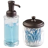 mDesign Glass Soap Dispenser Pump and Canister Jar for Bathroom Vanities, 2 pc Set - Clear/Bronze