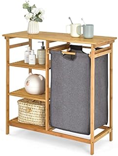 CASART Bamboo Laundry Basket, Bathroom Laundry Hamper with Pull-Out Bag & 3 Storage Shelves, Bathroom Storage Organizer Floor Shelf for Laundry Room