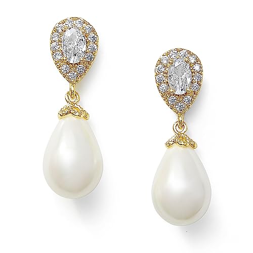 Mariell Gold Pearl Drop Wedding Earrings with CZ Crystals for Brides, Bridesmaids, Mother of the Bride