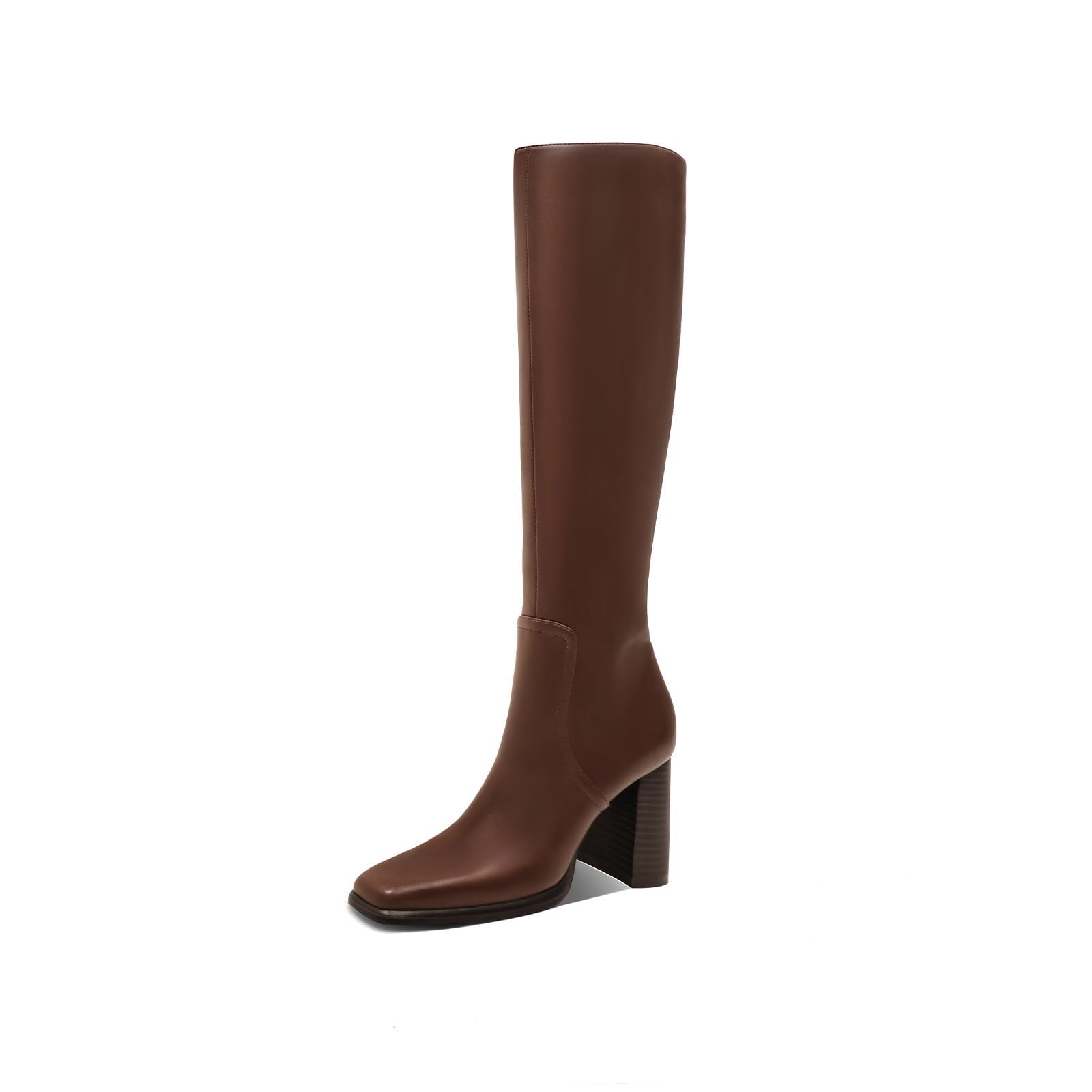 Knee High Boots for Women Square Toe Chunky Block Heel Long Tall Boots for Women Mid Calf Side