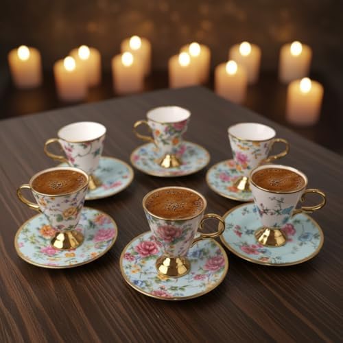 Deconox 6 Kişilik Vintage Porselen Türk Kahvesi Fincan Takımı, Pembe Gül Desenli ve Gold Sütun Şeritli, 12 Parça Klasik ve Nostaljik Çeyizlik Sunum Seti - Görsel 7