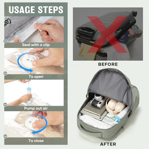 Travel Backpack with 2 Pack Vacuum Bags and Hand Pump, Personal item Backpacks Vacuum Storage Bags for Women Men, Travel Essentials Space Saving Compression Bag for Backpack,Luggage,Suitcase, Green3