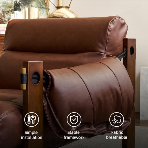 Sillón con estructura de madera y tapizado marrón miniatura 4