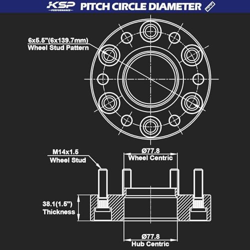 Image of KSP 1.5in Wheel Spacers for Ram 1500 2019-2026, 38mm 6x5.5 Hubcentric Tire Spacer with 77.8mm Hub Bore M14x1.5 Lug Studs Fit Jeep Grand Wagoneer 2021-2026, 4pcs 6x139.7 Forged Spacer for 6 Lug Truck