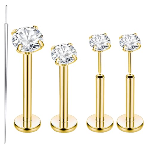 4 Piezas Piercing Tragus Mujer,16G Piercing Tragus Hombre 2/3/4MM,Piercing Nariz Titanio,Tragus Piercing,Piercing Labio,Pirsin Nariz Con 1 Pieza De Varilla Guía,Per Vida Diaria, (Oro) 6/8/10MM