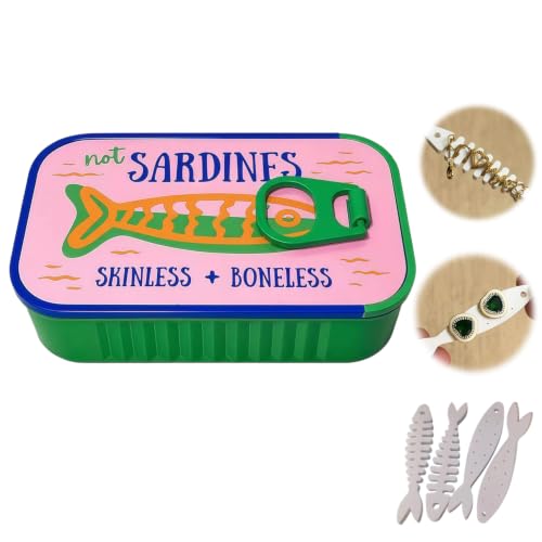 5PCS Sardine Can Jewelry Travel Case with Fish Bone Chain Organizer (Green)
