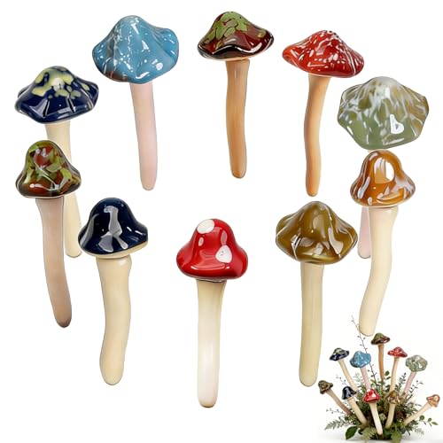 csjzzt 10 Pack Ceramic Garden Mushrooms Garden Decor Lawn Ornament Decor Mushrooms for Fairy Garden Patio Indoor Plant Pots 4.7 Tall Pottery Mushroom Statues (10)