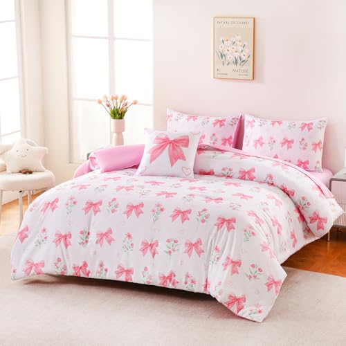 Image of DORCAS Bow Comforter Set Full Bed in A Bag for Girls,6 Pieces Pink Bow Bedding Sets with Sheets for Kids