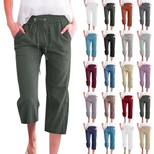 LRMQS Capris Pants for Women Cotton Linen Casual Summer 2025 Straight Wide Leg Loose Drawstring Elastic Waist Cropped Trouser
