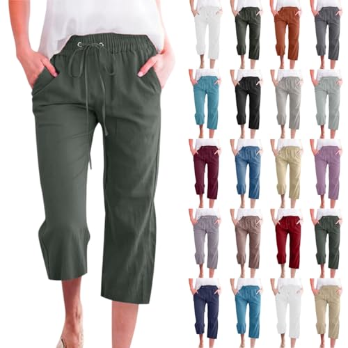 LRMQS Capris Pants for Women Cotton Linen Casual Summer 2025 Straight Wide Leg Loose Drawstring Elastic Waist Cropped Trouser