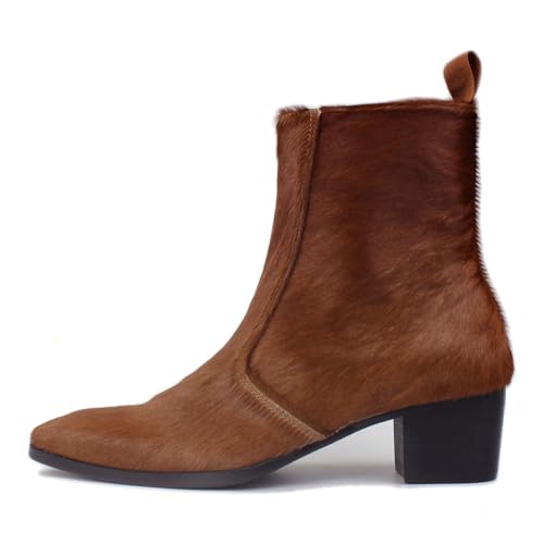 OSSTONE Men Chelsea Ankle Boots Leather Pony Hair Chukka Boots with Side Zipper Heel Dress Boots OS-JY021-E-R Original Brown2