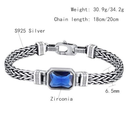 S925 Sterling Silver Braided Punk Bracelet, Men's Blue Zirconia Vintage Bracelet3
