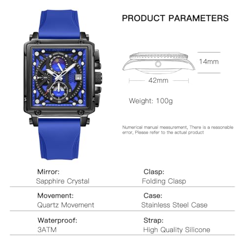 Image of ZUNPAI Moon Phase Watch for Men Multifunction Chronograph Dial Analog Quartz Square Wristwatch Business Dress Watch with Luminous Waterproof Calendar Silicone Strap