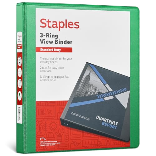 Staples Standard 1-Inch Round Ring View Binder, Green, 175 Sheets