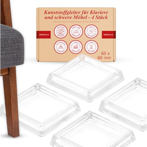 K.D.J. Brand Posavasos para piano, cuadrados, transparentes, 4 unidades, 60 x 60 mm, protectores de suelo para piano, posavasos de cristal para patas de silla, deslizadores rectangulares, fabricados
