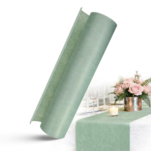 KENPOJO Chemin de Table en Non-tissé Vert Eucalyptus 30 cm x 25 m, Ruban Nappe Décorative Vert Sauge, Decoration Table Rouleau pour Baptême, Communion, Anniversaire,...