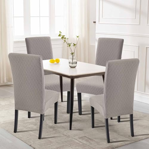 Image of SearchI Dining Room Chair Covers Set of 2, Stretch Jacquard Parsons Chair Slipcovers Removable Washable Kitchen Chair Protector Cover for Dining Room, Hotel, Ceremony (Taupe Rhombus)