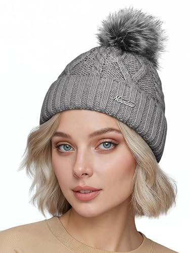 Neverless® Damen Bommelmütze mit Fleecefutter Pudelmütze Strickbeanie Strickmütze Wintermütze Hellgrau Unisize