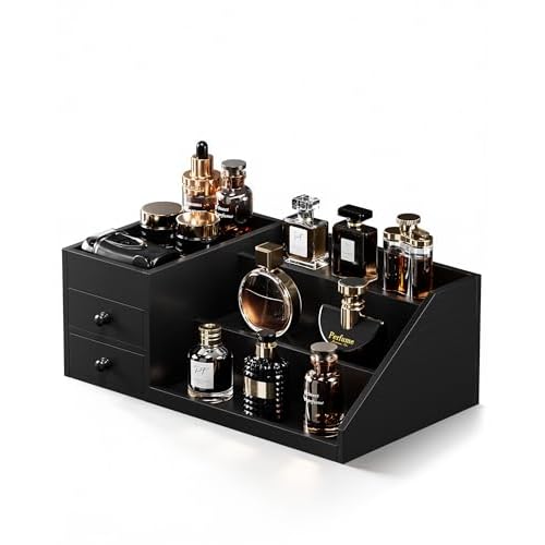 ProCase Wooden Cologne Organizer for Men, 3-Tier Elevated Wood Perfume Storage Display Shelf with Drawers, Dresser Storage Stand Riser for Fragrance S