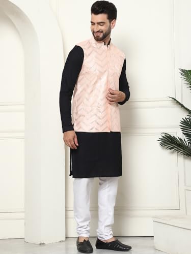 Image of SOJANYA (Since 1958 Men's Pure Cotton Kurta and White Pyjama with Sequins Nehru Jacket