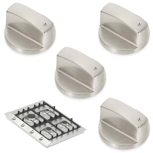 XPOOP Lot de 4 Boutons de Commande Universels en Métal Brossé pour Cuisinière à Gaz 6 mm Argenté Bouton de Poêle, Convient pour le Gaz, le Four et la...