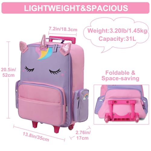 Image of VASCHY Rolling Luggage for Kids, Cute Travel Suitcase for Boys Girls with Wheels, Pink Unicorn, 20.5 inches (L) x 13.8 inches (W) x 6.7 inches (H)