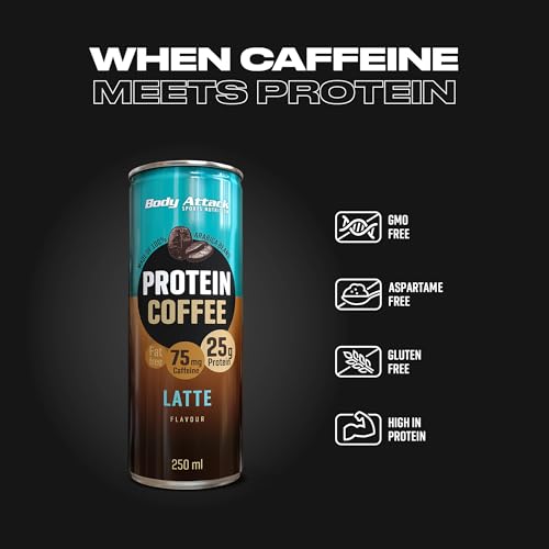 Body Attack Protein Coffee – Coffee Latte, 12 x 250ml (inkl. Pfand) - Protein Eiskaffee - erfrischender Eiskaffee fettarm mit 25 g Eiweiß, 75 mg Koffein - aus 100% Arabica Kaffeebohnen