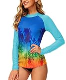 SPF Swim Top Women UPF 50+ Uv Rashguard Tropical Summer Beach Surf Wear Coconut Tree Aqua L